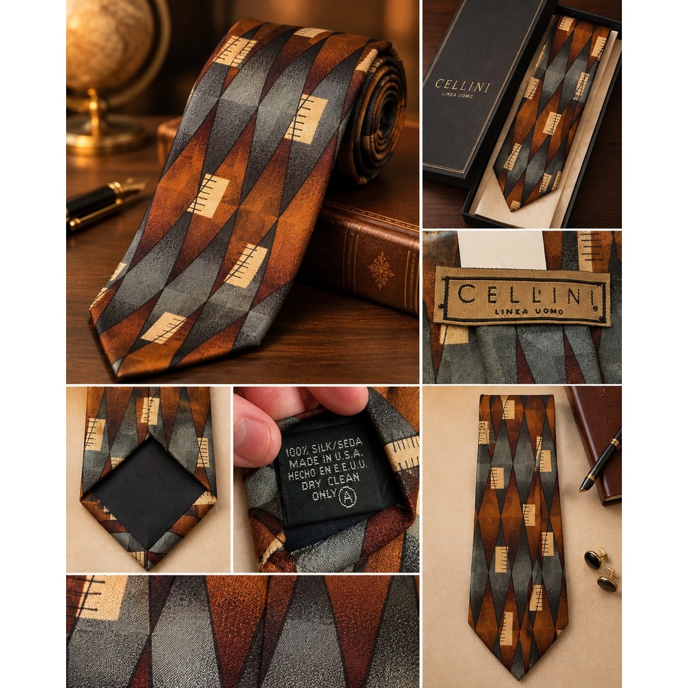 Cellini Linea Uomo Silk Tie Geometric Diamond Pattern Gold Brown Grey USA Made